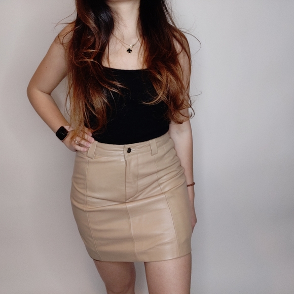 Vintage Dresses & Skirts - Vintage Trek Leather Cream Mini A line Skirt Sz S
